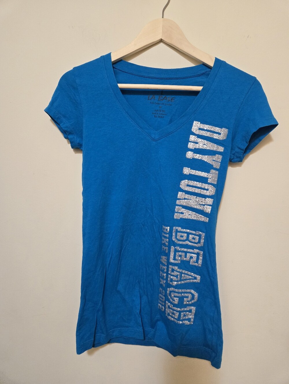 VTG Daytona Beach Glitter V-Neck Tee - Blue Size Med